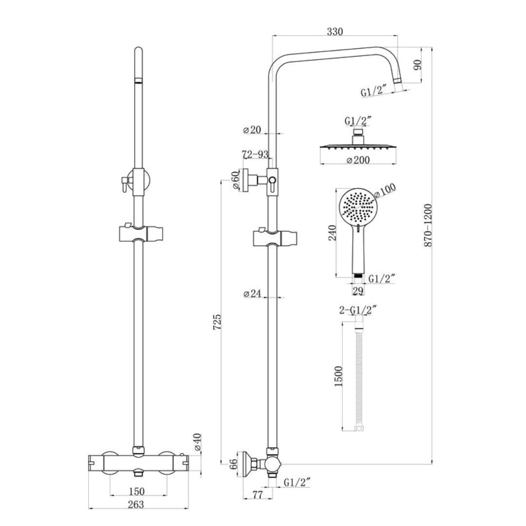 Aquarius Exposed Thermostatic Bar Shower Overhead and Handheld Shower in Matt Black