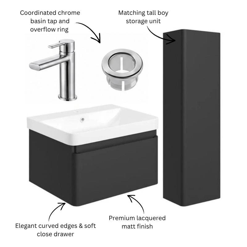 Aquarius Vanity Unit Aquarius Sophie 605mm Wall Hung Vanity Unit, Tall Boy Storage Unit, Tap and Fittings Bundle