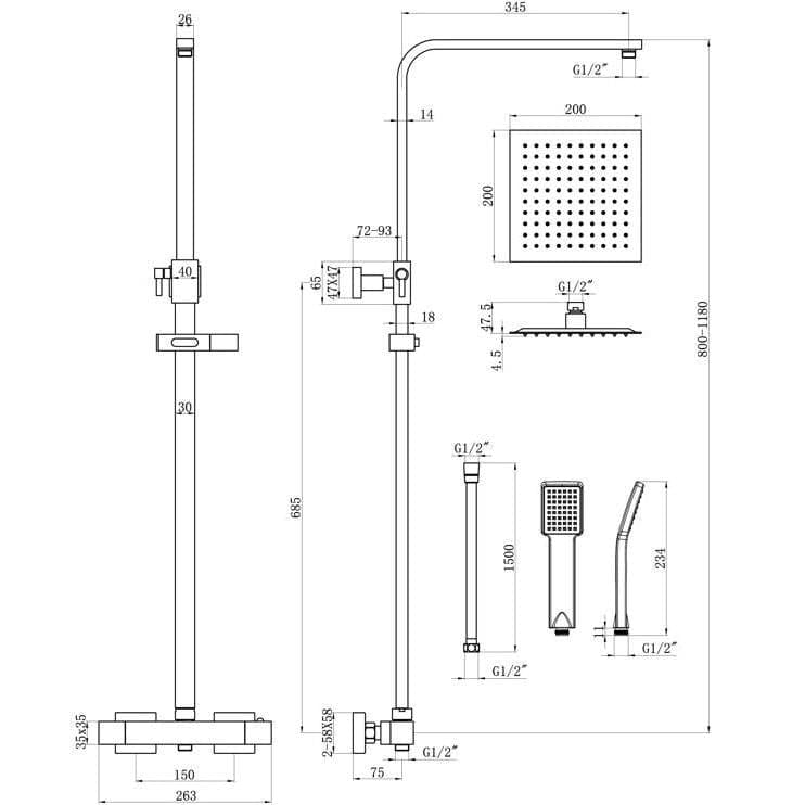 Aquarius Bathrooms Shower Set Aquarius Zacha Square Adjustable Shower Valve & Kit