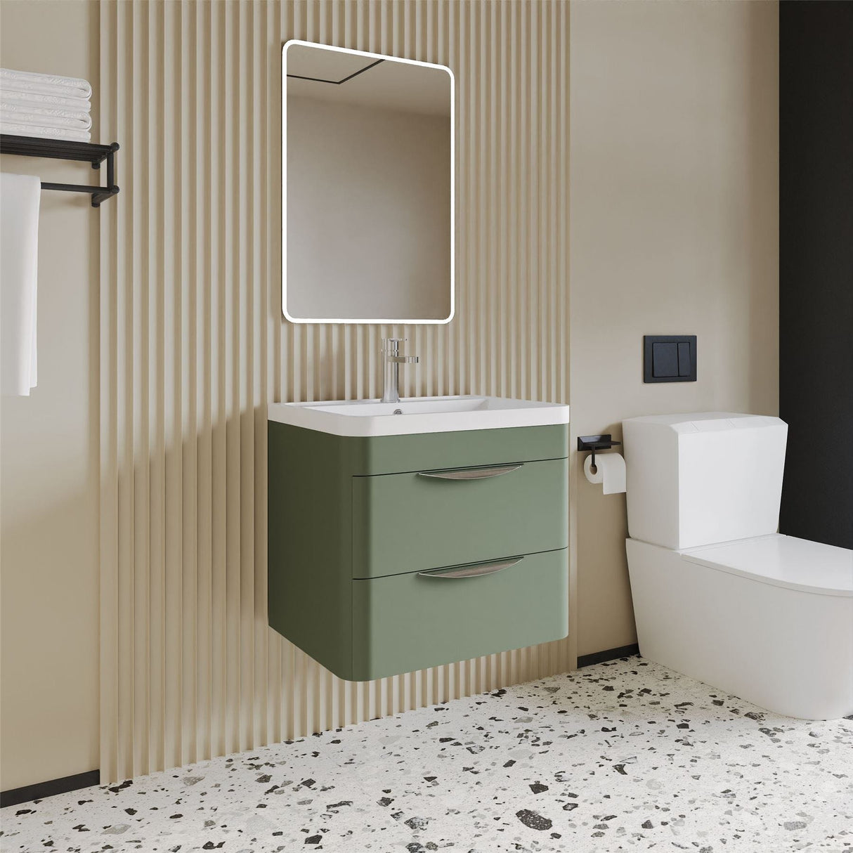 Aquarius Bathrooms Wall Mounted Vanity Unit Satin Green Aquarius Perth 600mm 2 Drawer Wall Mounted Vanity Unit with 1 Tap Hole Basin