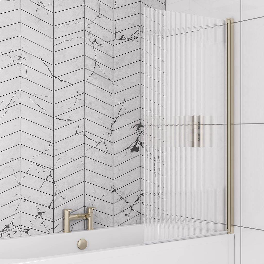 Aquarius LevAqua Straight Fluted 6mm R/H Brushed Brass Hinged Bath Screen 1400 x 800mm AQ495106