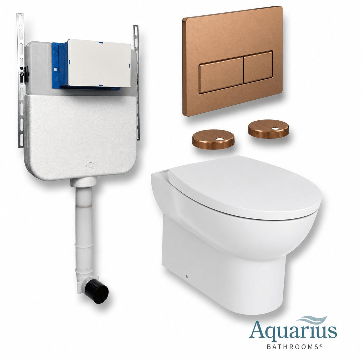 Aquarius Bathrooms Back To Wall Toilet Brushed Bronze / Square Aquarius Urbano Rimless Back to Wall Toilet Pack with Cistern, Flush Plate, Soft Closing Seat and Hinge Covers