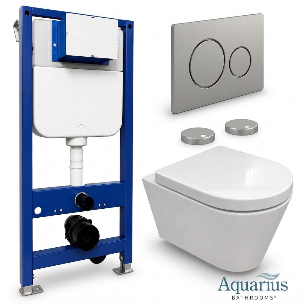 Aquarius Bathrooms Wall Hung Toilet Chrome / Round Aquarius Urbano Rimless Wall Hung Toilet Pack with Frame, Flush Plate, Soft Closing Seat and Hinge Covers