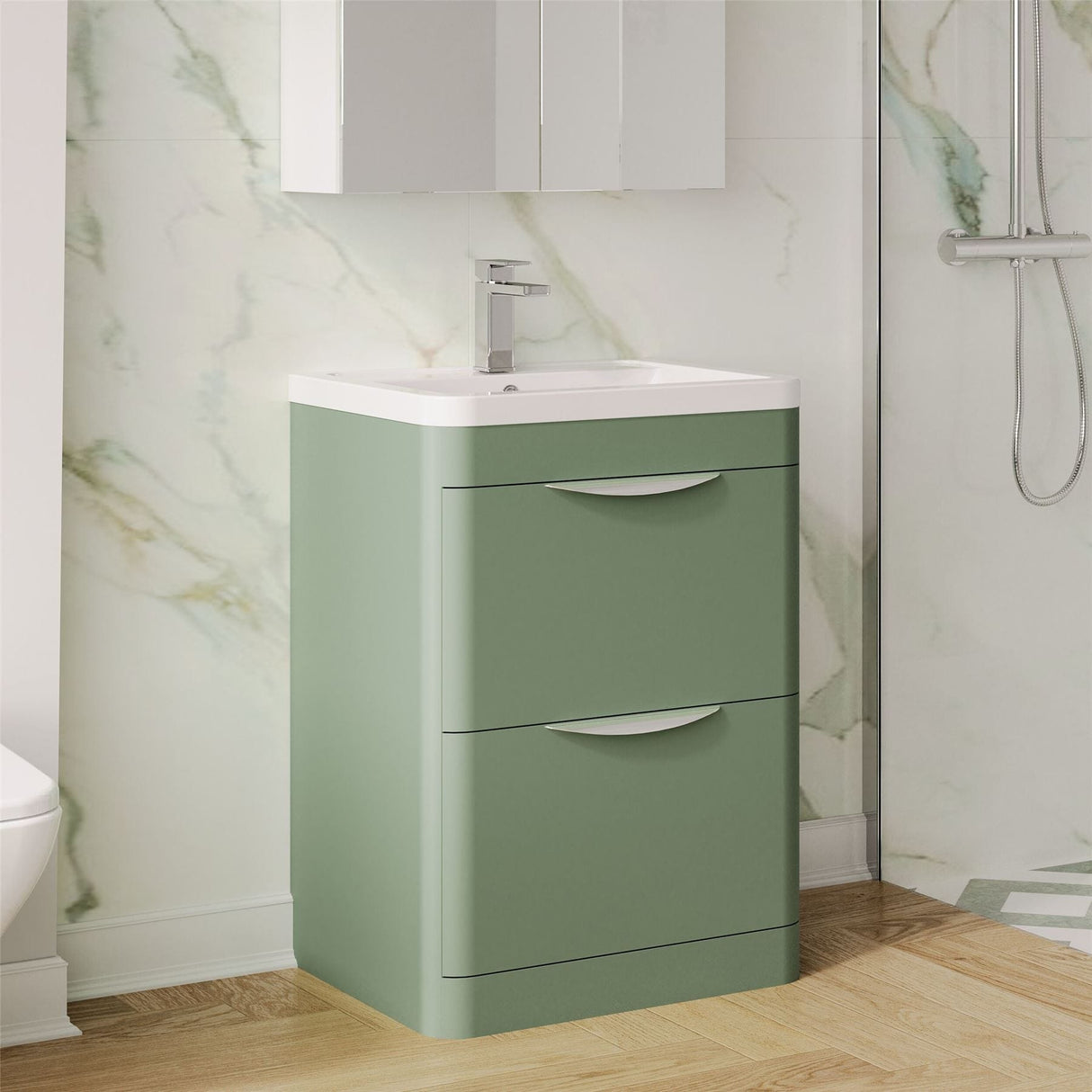 Aquarius Floor Standing Vanity Unit Satin Green Aquarius Perth 600mm 2 Drawer Floor Standing Vanity Unit with 1 Tap Hole Basin