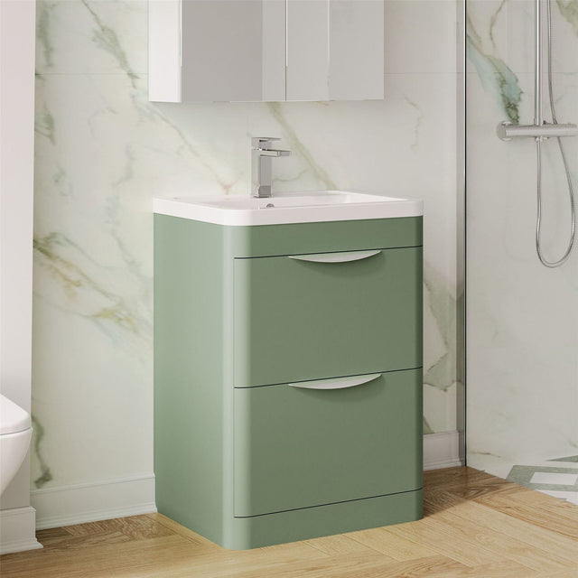 Aquarius Floor Standing Vanity Unit Satin Green Aquarius Perth 600mm 2 Drawer Floor Standing Vanity Unit with 1 Tap Hole Basin