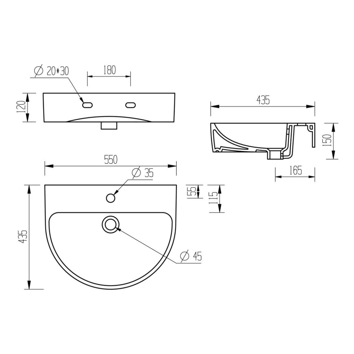 Aquarius Bathrooms Pedestal Basin Aquarius Emma 550mm 1 Tap Hole Basin with Pedestal