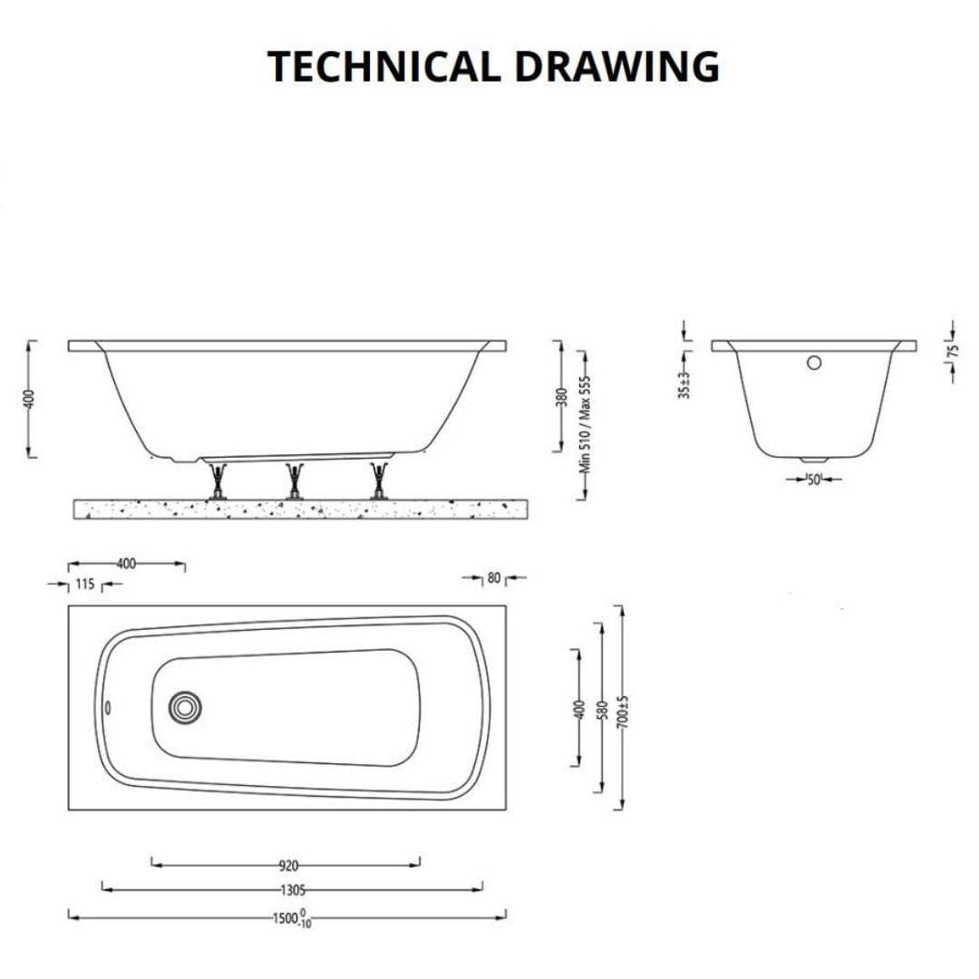Aquarius Bathrooms Single Ended Bath 1500 x 700 Aquarius Agar Single Ended Reinforced Bath