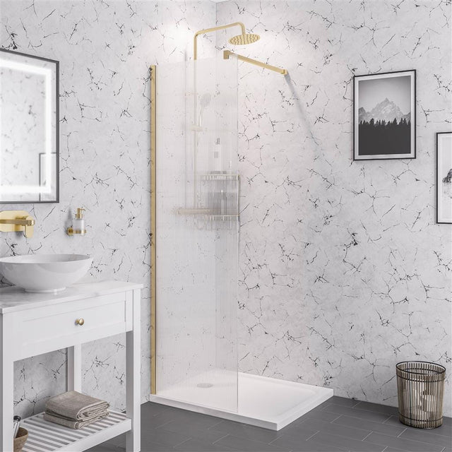Aquarius Bathrooms Wetroom Panel Kit 900mm Aquarius LevAqua 2000 Brushed Brass Walk-In 8mm Fluted Glass Panel