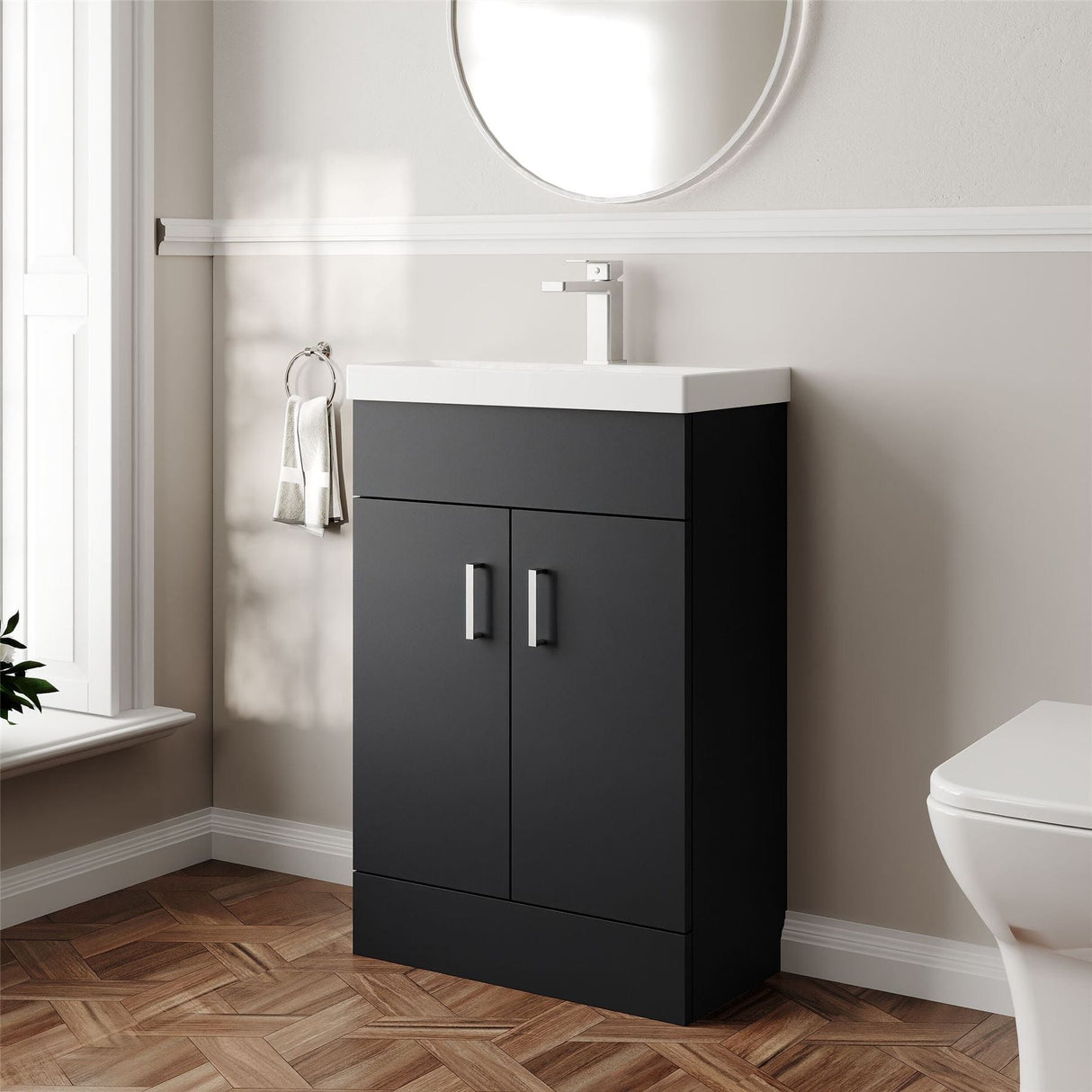 Aquarius Cloakroom Vanity Unit Satin Black Aquarius Hoban 550mm Compact Floor Standing 2 Door Cloakroom Vanity Unit with 1 Tap Hole Basin