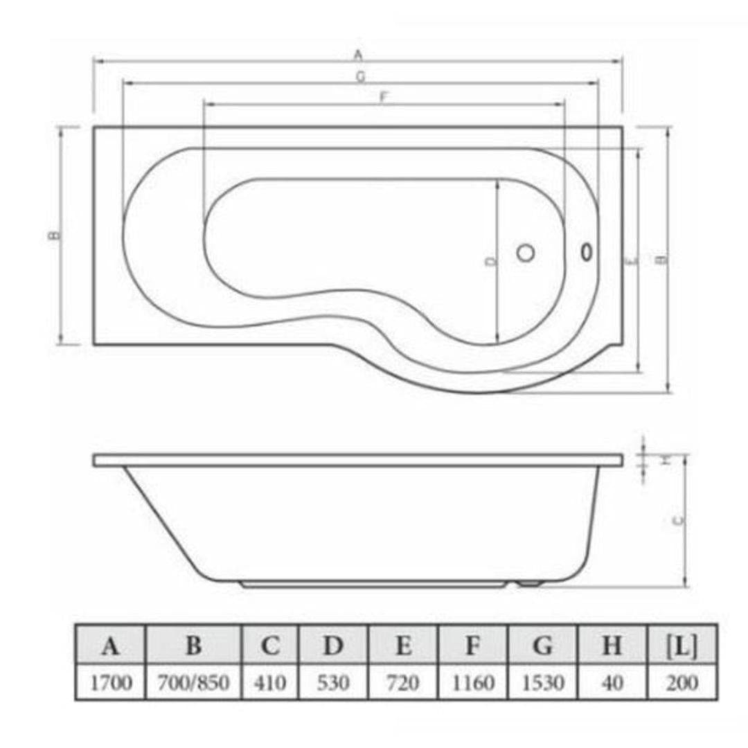 Aquarius Bathrooms Shower Bath Aquarius Splash 1700mm x 700mm P-Shape Shower Bath, Screen And Front Panel Set