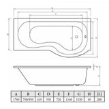 Aquarius Bathrooms Shower Bath Aquarius Splash 1700mm x 700mm P-Shape Shower Bath, Screen And Front Panel Set