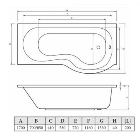 Aquarius Bathrooms Shower Bath Aquarius Splash 1700mm x 700mm P-Shape Shower Bath, Screen And Front Panel Set