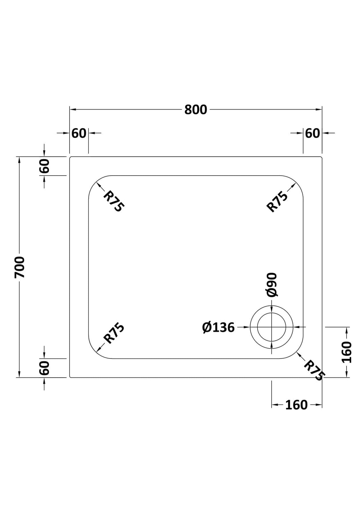 Aquarius Bathrooms Rectangle Shower Tray 700x800mm Aquarius Urbano Rectangular 45mm Stone Resin Shower Tray in White