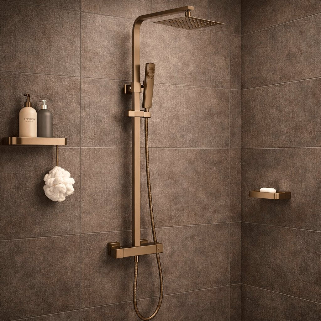 Aquarius Bathrooms Exposed Shower Set Brushed Bronze Aquarius RainLux Cool Touch Adjustable Square Exposed Shower Valve and Kit