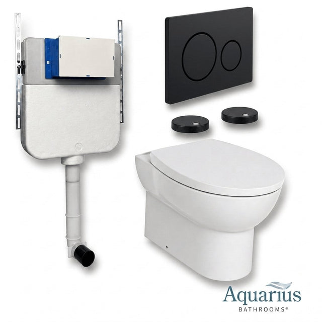 Aquarius Bathrooms Back To Wall Toilet Matt Black / Round Aquarius Urbano Rimless Back to Wall Toilet Pack with Cistern, Flush Plate, Soft Closing Seat and Hinge Covers