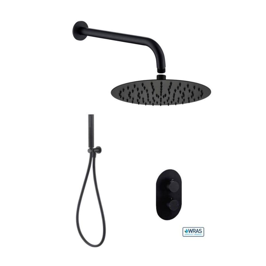 Aquarius Bathrooms Concealed Shower Set Matt Black Aquarius RainLux Round 2 Outlet Shower Set with Shower Head and Single Function Handset