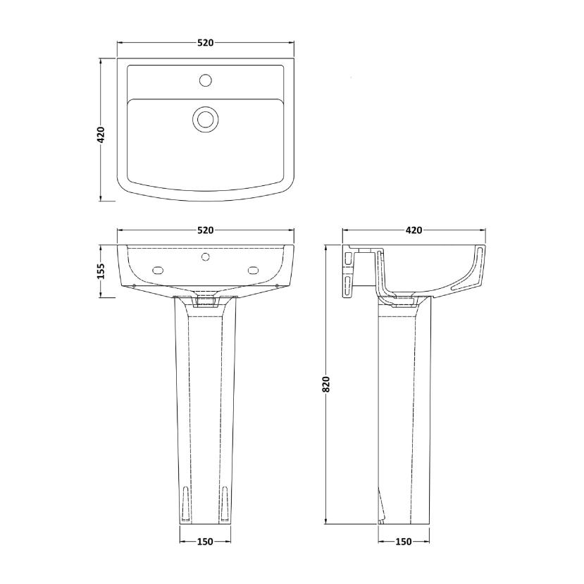 Aquarius Bathrooms Pedestal Basin Aquarius Squared 520mm One Tap Hole Basin and Pedestal