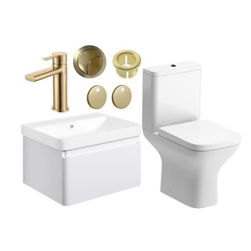 Aquarius Vanity Unit Matt White / Brushed Brass Aquarius Sophie 605mm Wall Hung Vanity Unit, Close Coupled Toilet, Tap and Fittings Bundle