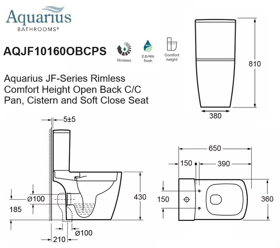 Aquarius Bathrooms Close Coupled Toilet Aquarius JF-Series Rimless Comfort Height Open Back C/C Pan, Cistern and Soft Close Seat