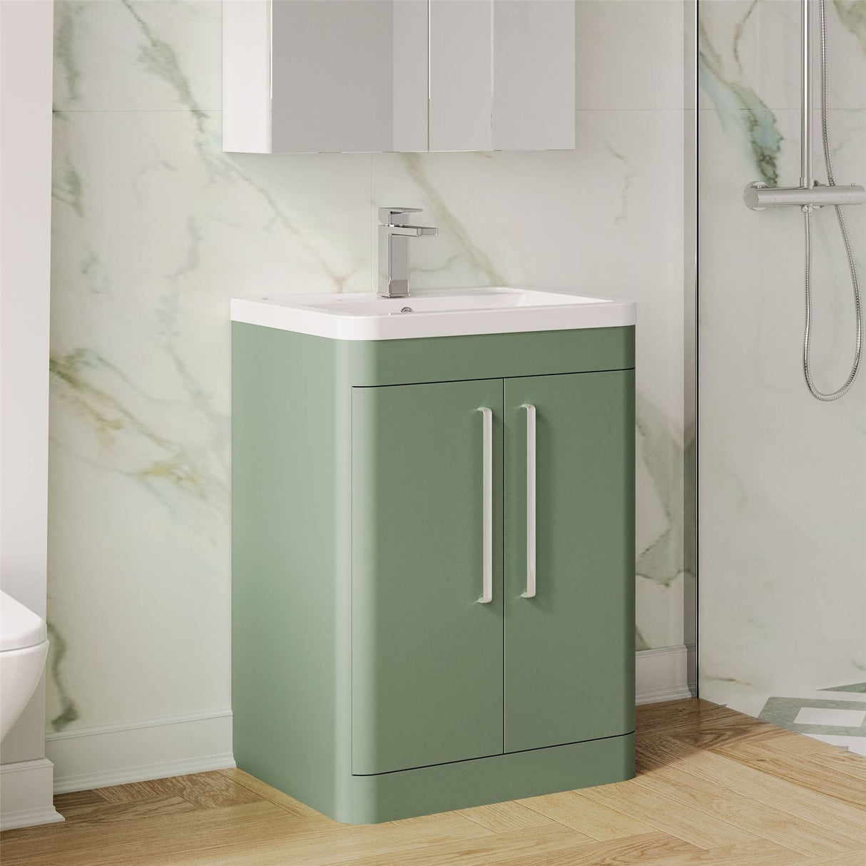 Aquarius Floor Standing Vanity Unit Satin Green Aquarius Perth 600mm 2 Door Floor Standing Vanity Unit with 1 Tap Hole Basin