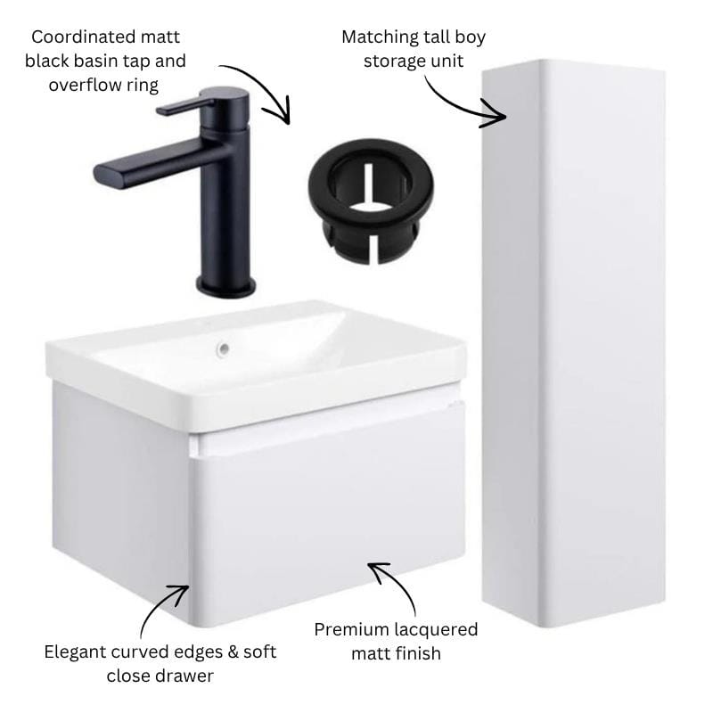 Aquarius Vanity Unit Aquarius Sophie 605mm Wall Hung Vanity Unit, Tall Boy Storage Unit, Tap and Fittings Bundle