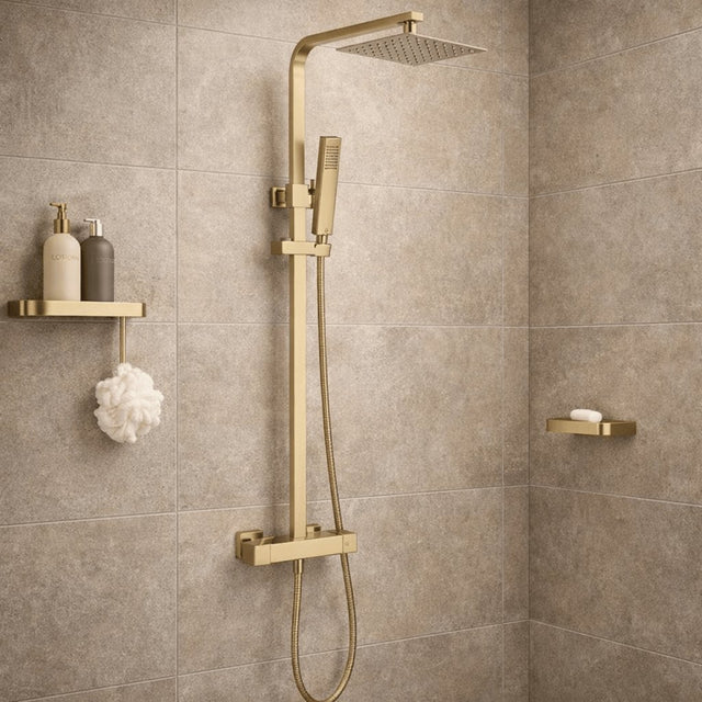 Aquarius Bathrooms Exposed Shower Set Brushed Brass Aquarius RainLux Cool Touch Adjustable Square Exposed Shower Valve and Kit