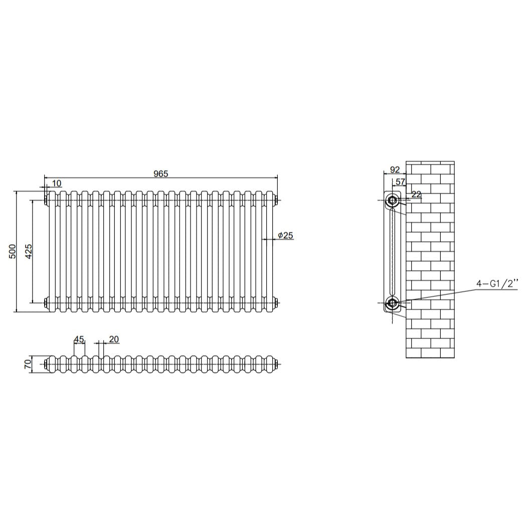 Aquarius Bathrooms Column Radiator Aquarius Foundry Horizontal 2 Column Radiator in White