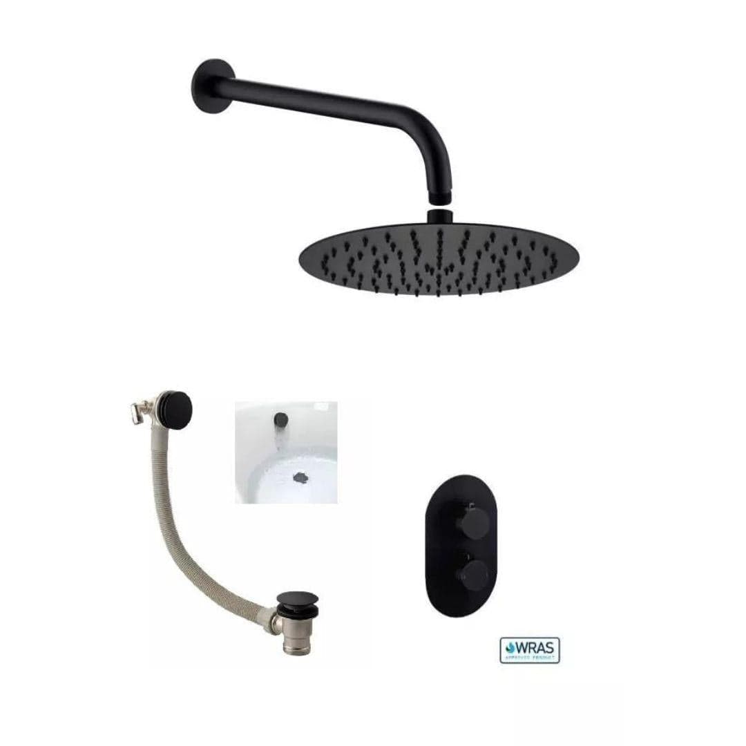 Aquarius Bathrooms Concealed Shower Set Matt Black Aquarius RainLux Round 2 Outlet Overflow Filler Shower Bundle