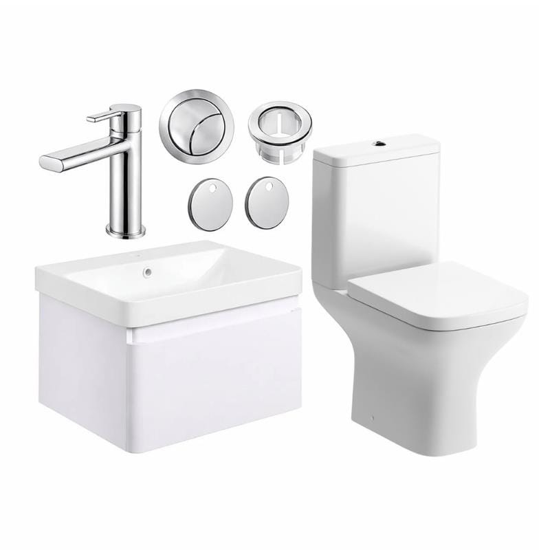 Aquarius Vanity Unit Matt White / Chrome Aquarius Sophie 605mm Wall Hung Vanity Unit, Close Coupled Toilet, Tap and Fittings Bundle