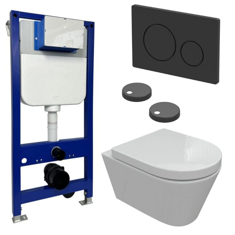 Aquarius Bathrooms Wall Hung Toilet Matt Black / Round Aquarius Urbano Rimless Wall Hung Toilet Pack with Frame, Flush Plate, Soft Closing Seat and Hinge Covers