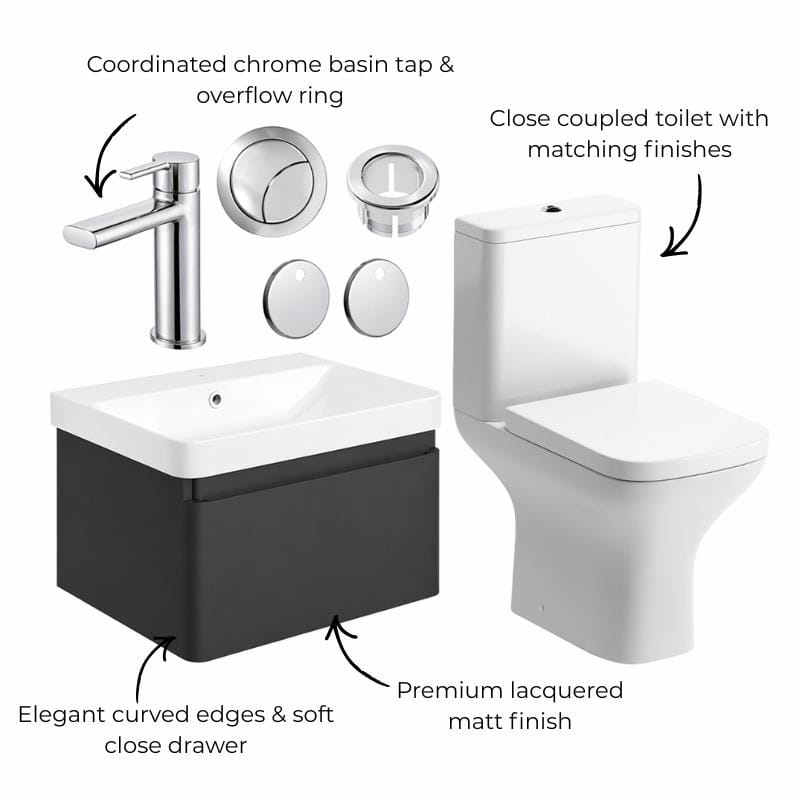 Aquarius Vanity Unit Aquarius Sophie 605mm Wall Hung Vanity Unit, Close Coupled Toilet, Tap and Fittings Bundle
