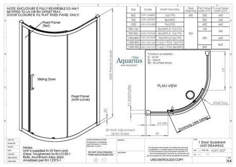 Aquarius Pluvia 8mm Quadrant Single Sliding Shower Door