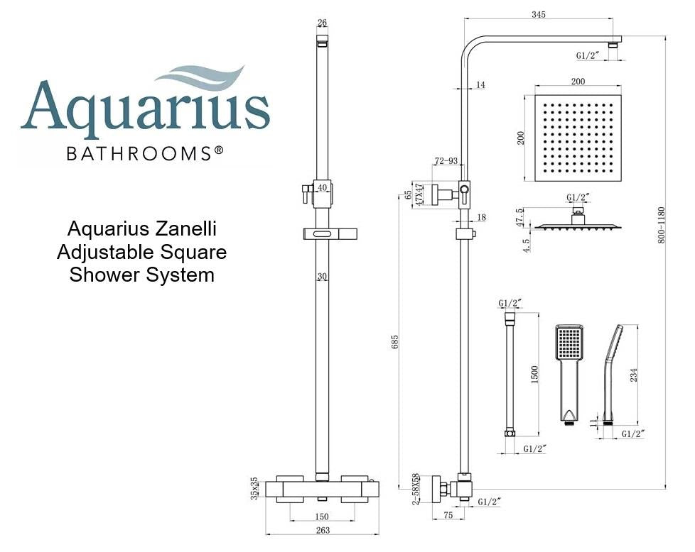 Aquarius Zanelli Square Exposed Valve Adjustable Shower Set in Brushed Bronze