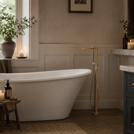 Aquarius Bathrooms Freestanding Bath Filler Brushed Brass Aqaurius Huck Floor Standing Bath Shower Mixer with Shower Kit