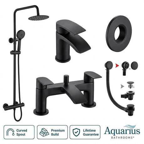 Aquarius Bathrooms Exposed Shower Set Matt Black Aquarius Arc Complete Brassware Pack with Bath and Basin Tap and Exposed Shower