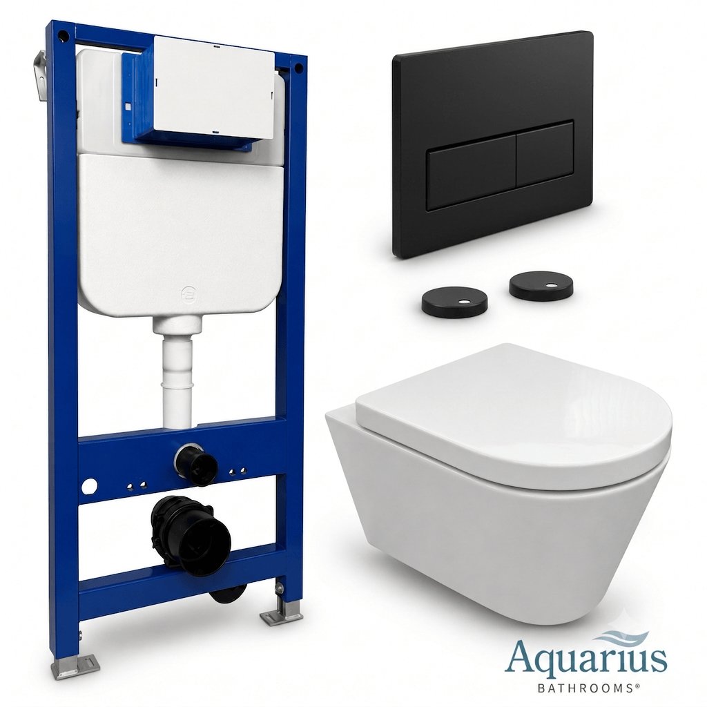 Aquarius Bathrooms Wall Hung Toilet Matt Black / Square Aquarius Urbano Rimless Wall Hung Toilet Pack with Frame, Flush Plate, Soft Closing Seat and Hinge Covers