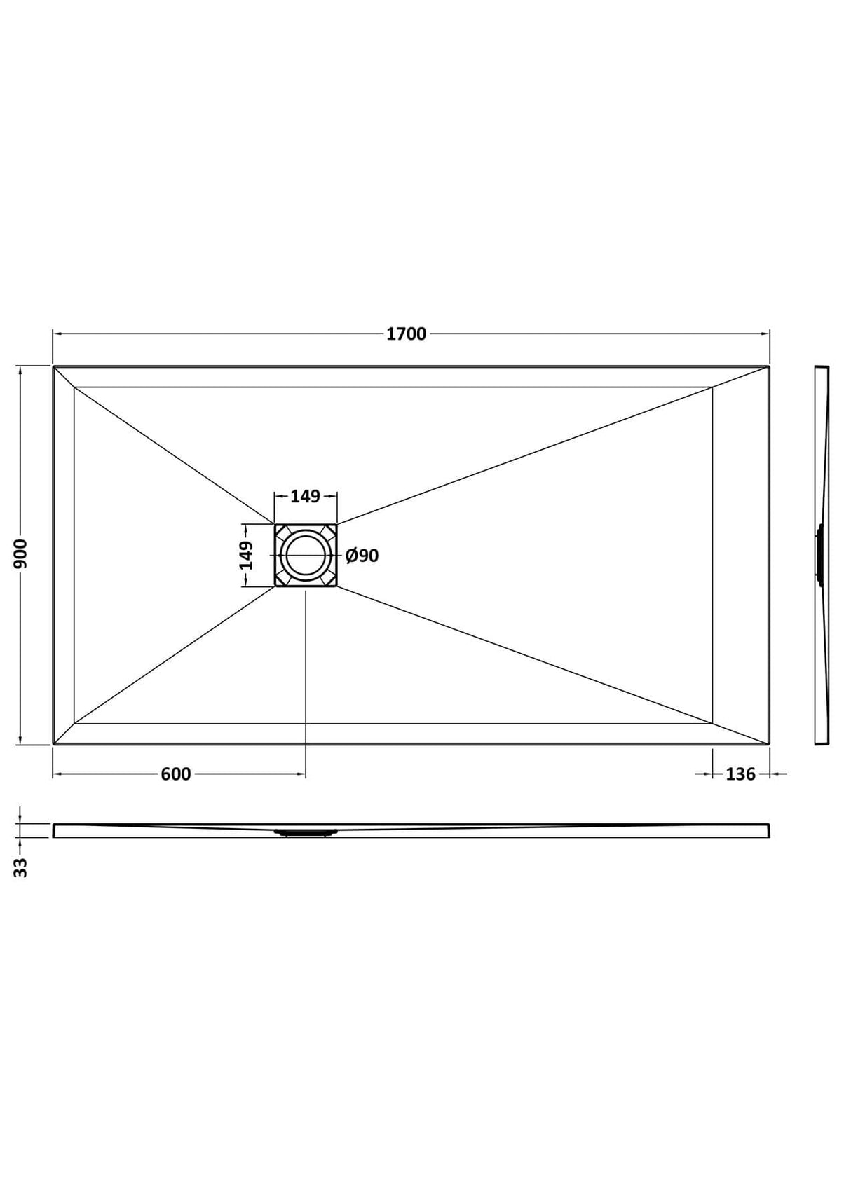 Aquarius Bathrooms Rectangle Shower Tray 1700x900mm Aquarius Urbano Slimline 33mm Slate Effect Rectangular Stone Resin Shower Tray in Black Slate