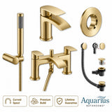 Aquarius Bathrooms Bath Shower Mixer Brushed Brass Aquarius Arc Complete Brassware Pack with Basin Tap, Bath and Shower Mixer