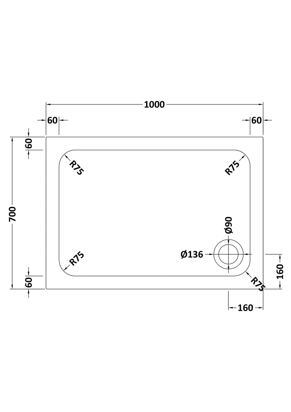 Aquarius Bathrooms Rectangle Shower Tray 1000x700mm Aquarius Urbano Rectangular 45mm Stone Resin Shower Tray in White