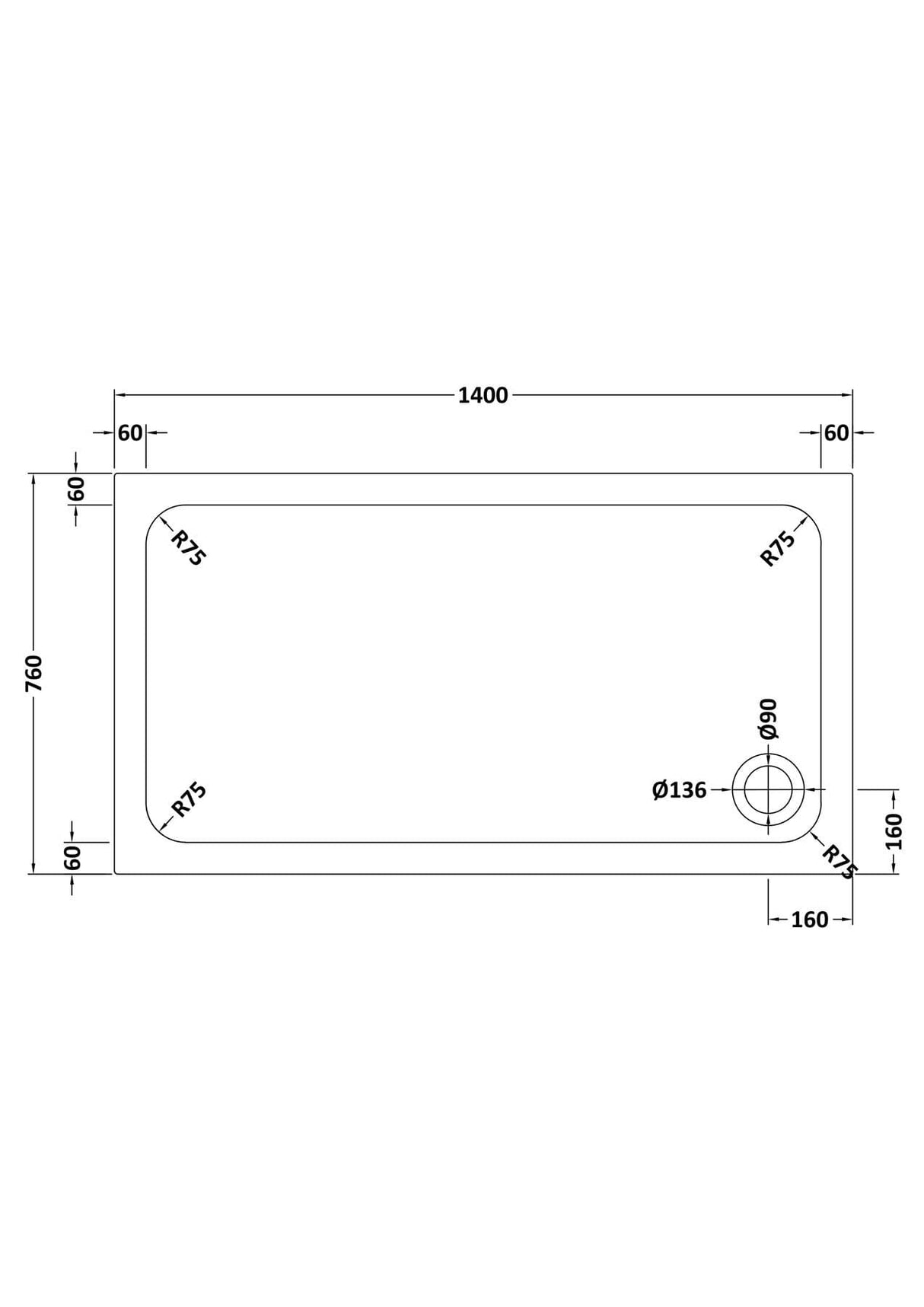 Aquarius Bathrooms Rectangle Shower Tray 1400x760mm Aquarius Urbano Rectangular 45mm Stone Resin Shower Tray in White