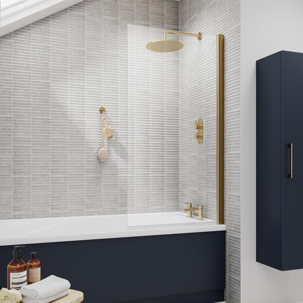 Aquarius Bathrooms Bath Screen Brushed Brass Aquarius LevAqua Straight 6mm Hinged Bath Screen 1400 x 800mm