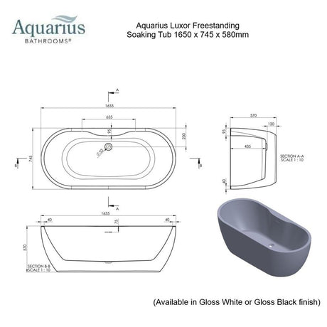 Aquarius Luxor Freestanding Soaking Bath Tub - 1650 x 745mm - Gloss Black