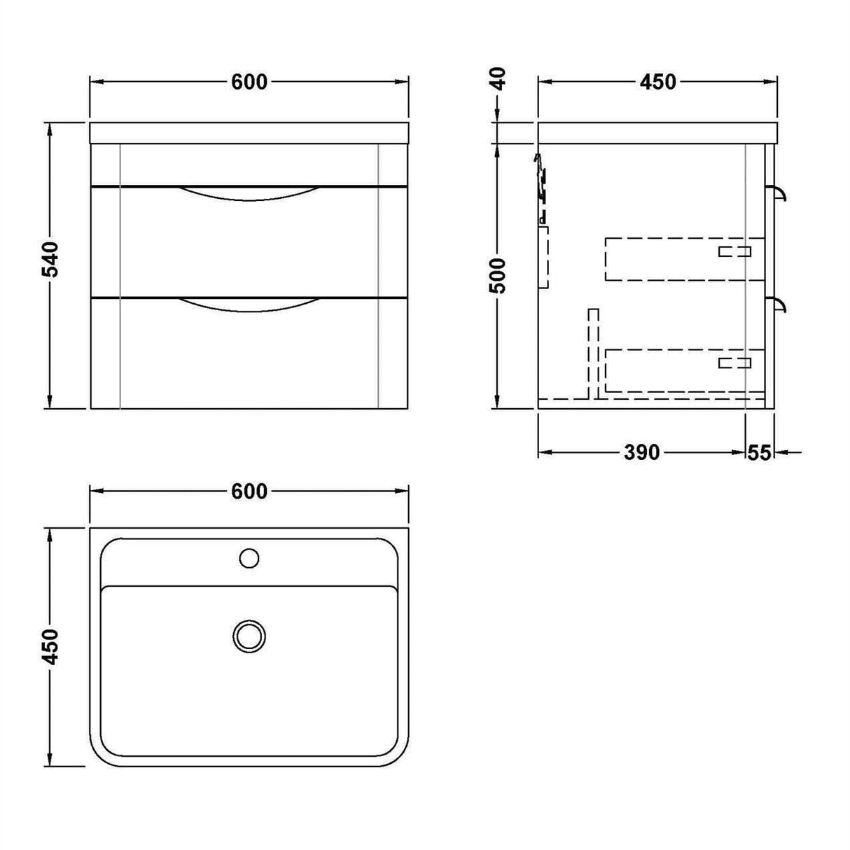 Aquarius Bathrooms Wall Mounted Vanity Unit Aquarius Perth 600mm 2 Drawer Wall Mounted Vanity Unit with 1 Tap Hole Basin