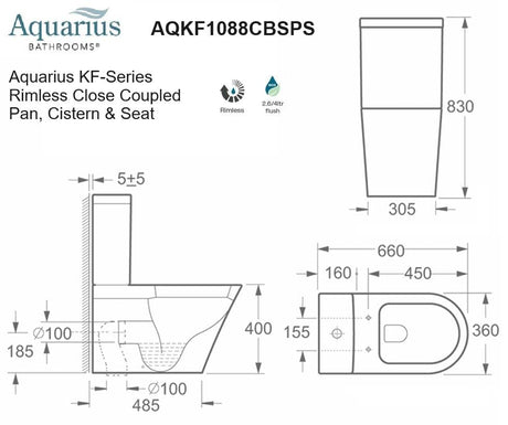 Aquarius Bathrooms Close Coupled Toilet Aquarius KF-Series Rimless Close Coupled Pan, Cistern and Soft Close Seat