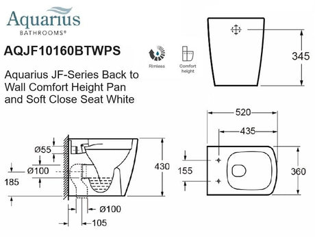 Aquarius Bathrooms Back To Wall Toilet Aquarius JF-Series Back to Wall Comfort Height Pan and Soft Close Seat White
