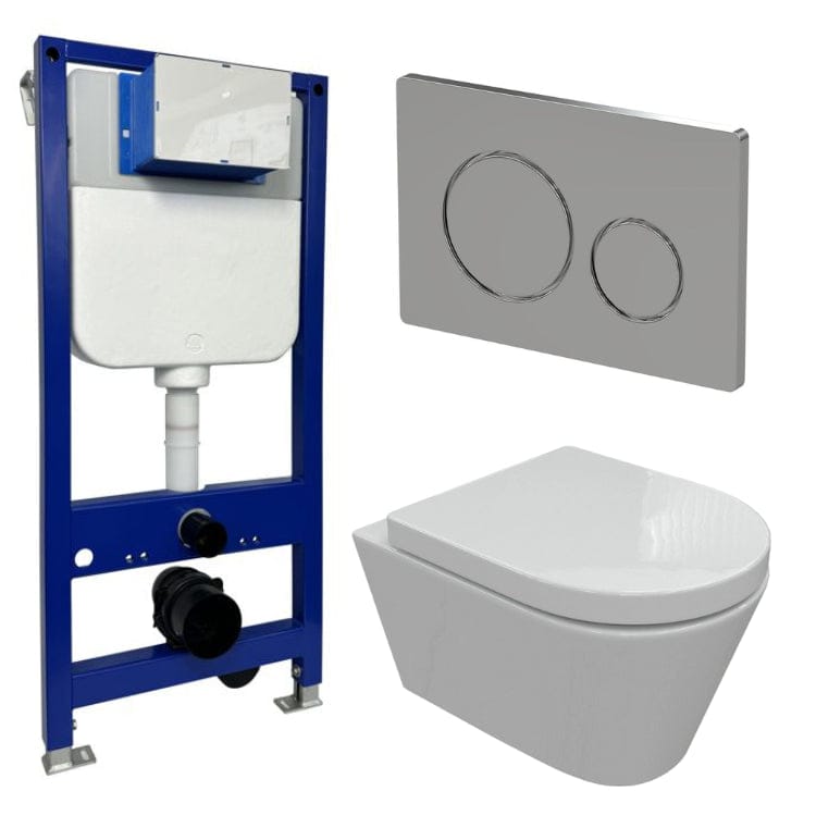 Aquarius Bathrooms Wall Hung Toilet Chrome / Round Aquarius Urbano Rimless Wall Hung Toilet Pack with Frame, Flush Plate, Soft Closing Seat and Hinge Covers