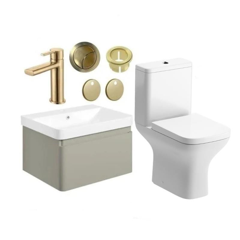 Aquarius Vanity Unit Matt Latte / Brushed Brass Aquarius Sophie 605mm Wall Hung Vanity Unit, Close Coupled Toilet, Tap and Fittings Bundle