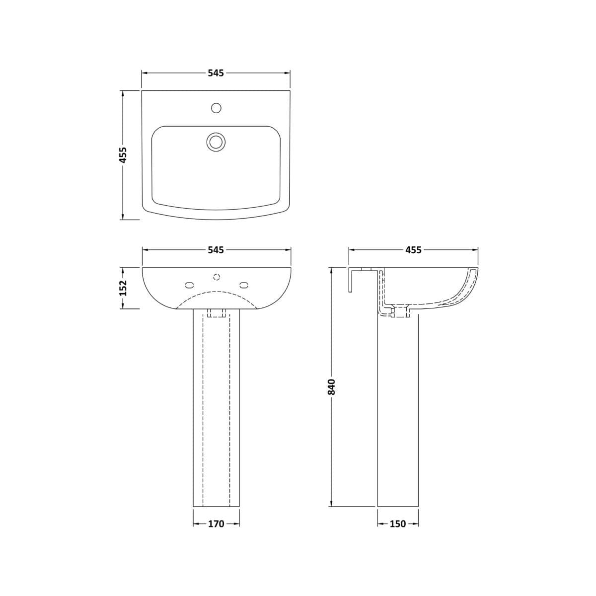 Aquarius Bathrooms Pedestal Basin Aquarius Aspect/Arden 545mm 1 Tap Hole Basin with Full Pedestal