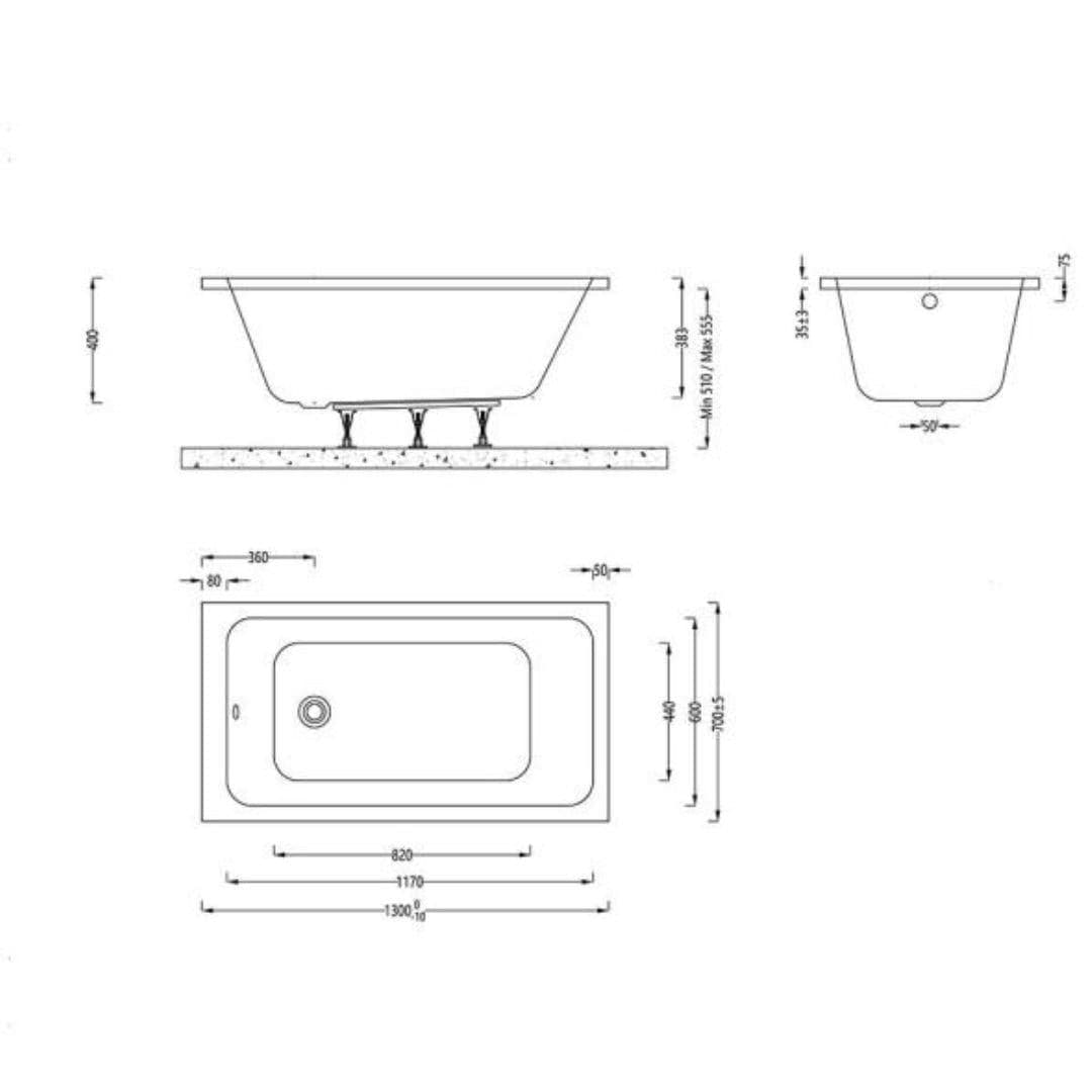 Aquarius Bathrooms Single Ended Bath 1300 x 700mm Aquarius Aaron Single Ended Standard Bath