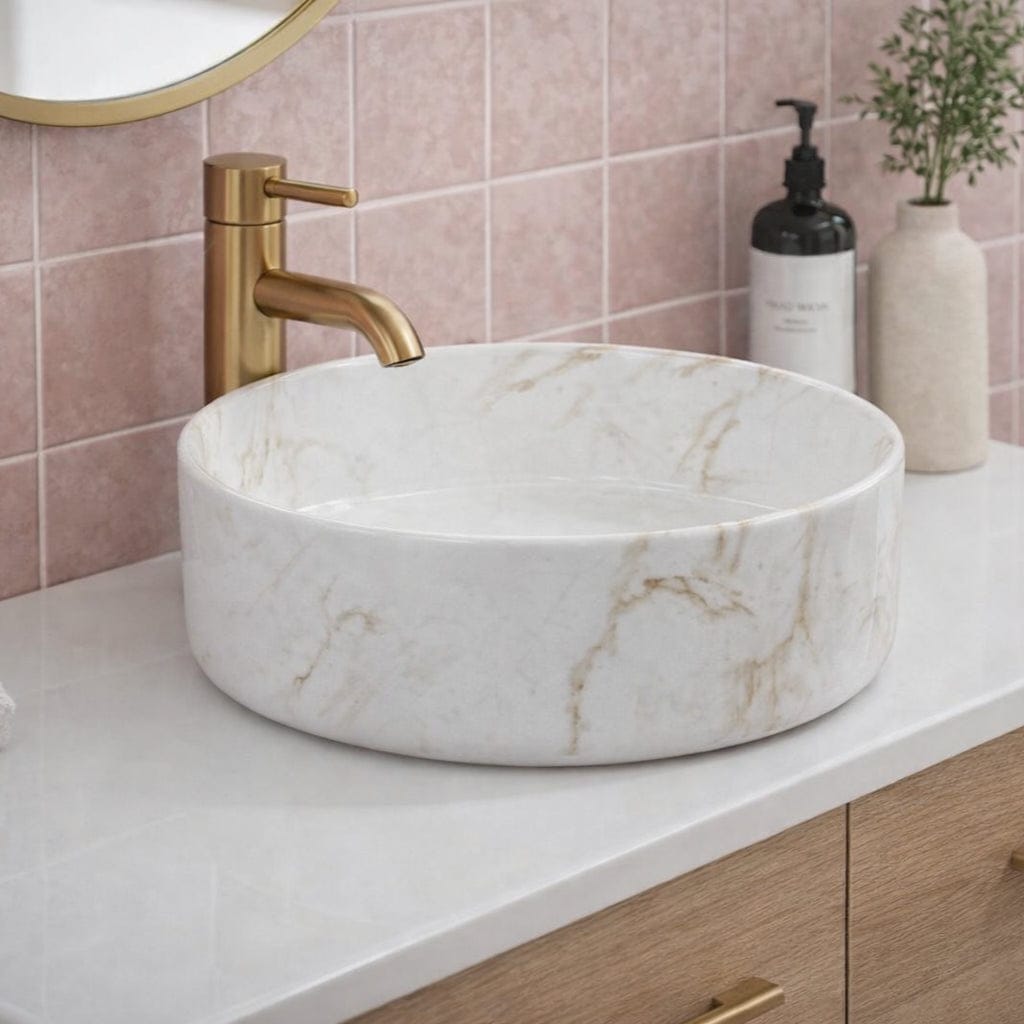 Aquarius Bathrooms Countertop Basin Aquarius V-Series 2 Round 355mm Ceramic Marble Effect Countertop Basin with Waste